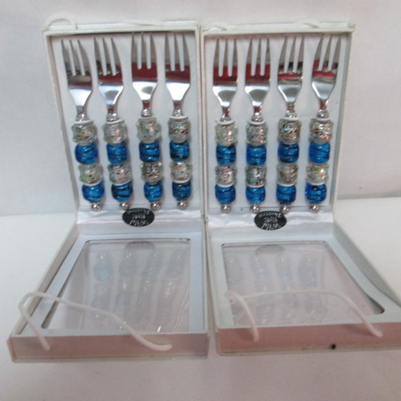 Wild Eye Designs Appetizer Art Glass small Forks silverware blue 2 Sets NEW NIB - Picture 5 of 9